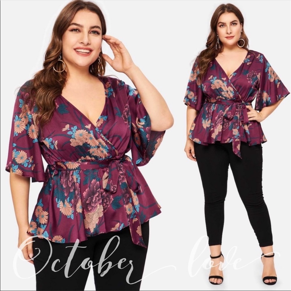 PlUS SIZE Maroon Floral Tops - Picture 4 of 5